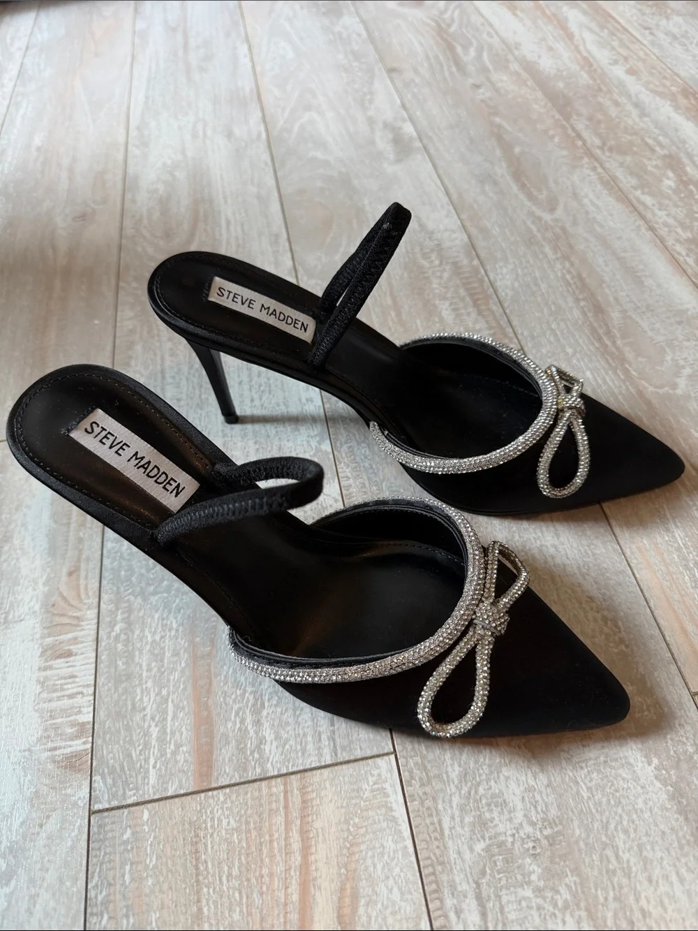 Steve Madden Black Satin Pointed Toe Mule Heels with Crystal Bow Trim